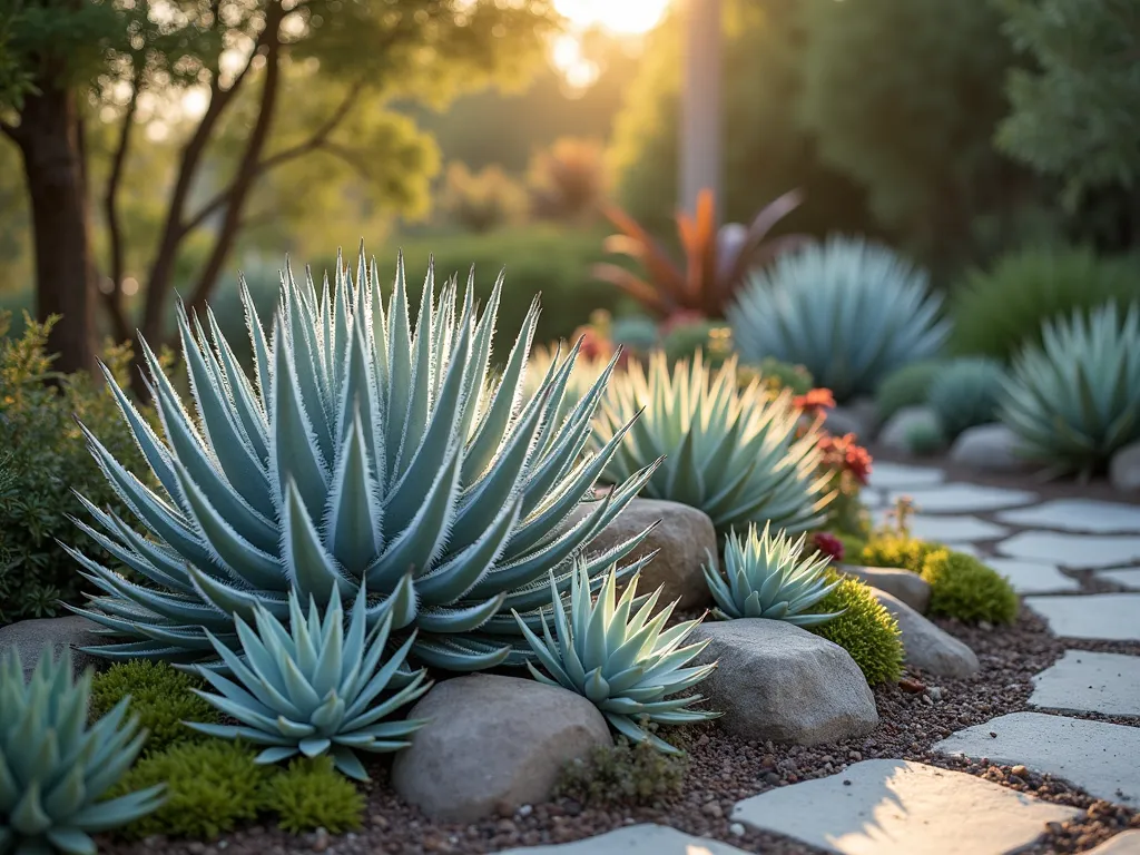 Desert-Inspired Bromeliad and Succulent Garden - Close-up shot at golden hour of a stunning water-wise garden featuring spiky silver Dyckia bromeliads nestled among pale blue-green Echeveria rosettes, with trailing Sedum morganianum cascading over weathered stone borders. Soft evening light filters through the sculptural plants, creating dramatic shadows and highlighting the contrasting textures between the rigid bromeliad spines and plump succulent leaves. Natural stone pathways weave through the drought-tolerant landscape, with copper-toned Hechtia bromeliads adding warm accents. Shot with a shallow depth of field focusing on the intricate plant details, photographed with a digital camera, 35mm, f/2.8, ISO 400.