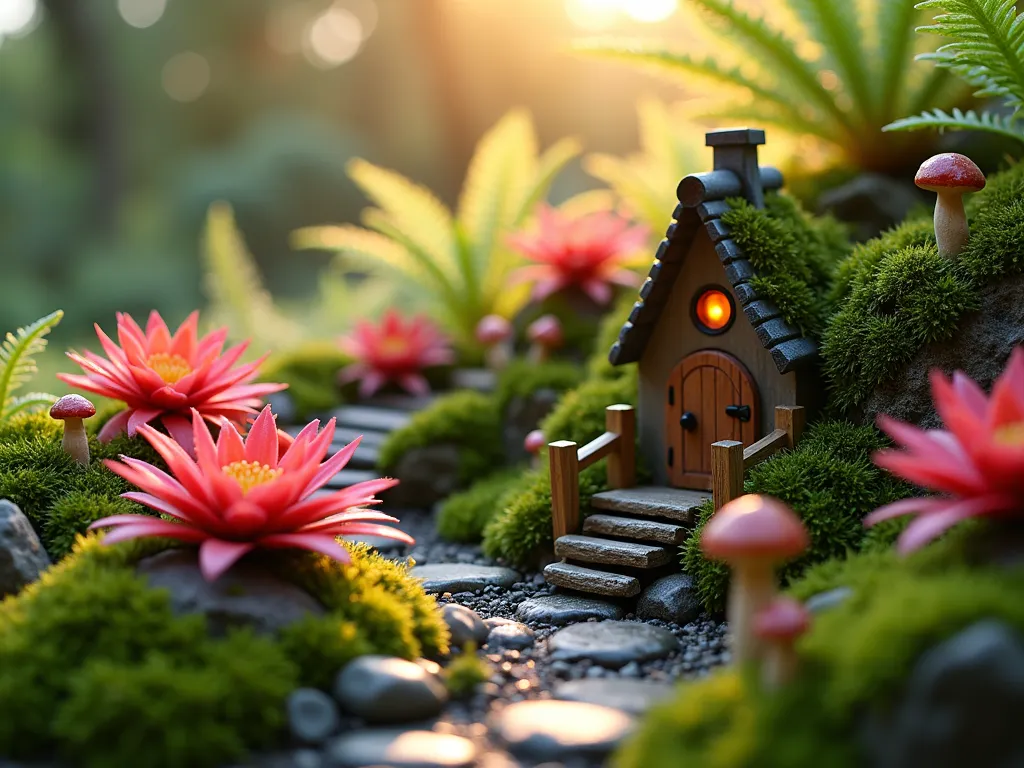 Enchanted Bromeliad Fairy Garden - Intimate close-up shot of a magical miniature fairy garden featuring delicate Neoregelia 'Fireball' and Cryptanthus 'Pink Starlite' bromeliads in a natural terraced setting. Tiny moss-covered stone pathways wind between the colorful bromeliads, leading to a handcrafted fairy cottage with a twinkling solar-powered light. Miniature garden accessories including a small wooden bridge, ceramic mushrooms, and diminutive garden tools add whimsical charm. Soft evening golden hour lighting filters through nearby ferns, creating a mystical atmosphere with subtle lens flare. The scene is captured with rich detail and shallow depth of field, emphasizing the magical micro-landscape while maintaining the garden context. A fine mist adds ethereal quality to the composition.