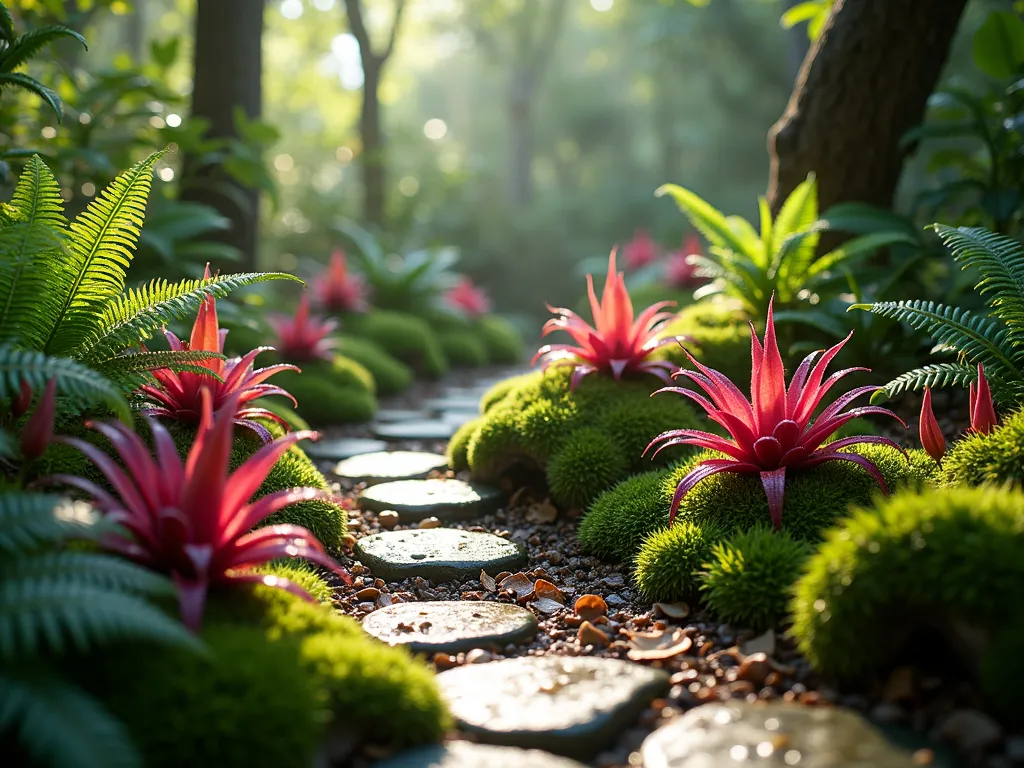 Enchanted Bromeliad Rainforest Floor - A mesmerizing close-up perspective of a meticulously designed backyard garden corner replicating a rainforest floor bathed in dappled morning sunlight filtering through tree canopy. Terrestrial bromeliads with vibrant red and purple Nidularium specimens nestled among emerald green ferns and velvety moss-covered fallen logs. Quesnelia bromeliads with their striking pink flower spikes emerge from the natural groundcover. Small water droplets glisten on the leaves, creating a magical atmosphere. Natural stone pathways wind through the scene, with scattered leaf litter adding authenticity. Photorealistic, high detail, soft natural lighting, moisture in the air, 8k resolution.