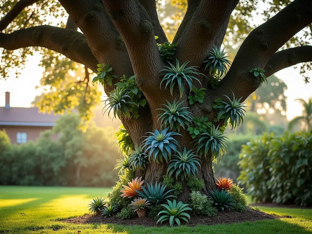 Enchanted Bromeliad Tree Garden - A majestic mature oak tree in a backyard garden at golden hour, its trunk and branches artfully adorned with cascading bromeliads and air plants. The tree serves as a living sculpture, with vibrant Tillandsia varieties in blues and silvers, and colorful Aechmea bromeliads secured with natural coconut fiber creating a vertical garden effect. Dappled sunlight filters through the canopy, highlighting the various textures and colors of the epiphytes. Shot from a low angle using a wide-angle lens to capture the full height of the tree, with natural bokeh in the background suggesting a lush garden setting. The composition shows the intricate mounting details while maintaining the organic, tropical forest feel. Professional DSLR photography with crystal-clear detail of both the overall composition and individual plant textures.