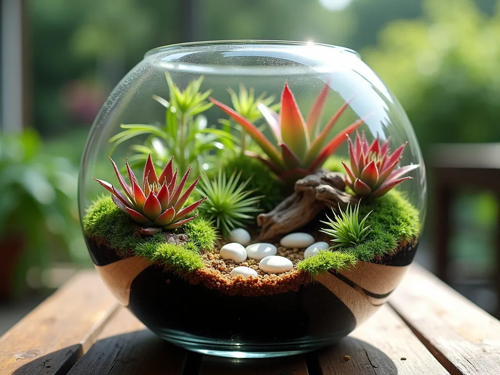 Enchanting Bromeliad Terrarium Display - A close-up, intimate shot of an elegant glass terrarium under soft morning light, captured with a DSLR camera. The terrarium features a mesmerizing arrangement of miniature Neoregelia ampullacea and Tillandsia bromeliads creating a lush tropical ecosystem. Multiple layers are visible through the crystal-clear glass: a base of activated charcoal, rich brown substrate, and emerald moss. The bromeliads' vibrant rosettes display perfect spiral patterns in shades of deep green and burgundy. Delicate air plants cascade along natural driftwood pieces, while tiny decorative white stones create pathways through the miniature landscape. Small water droplets on the glass catch the light, creating a magical atmosphere. The terrarium sits on a weathered wooden outdoor table on a covered porch, with a soft-focused garden background visible through the glass.