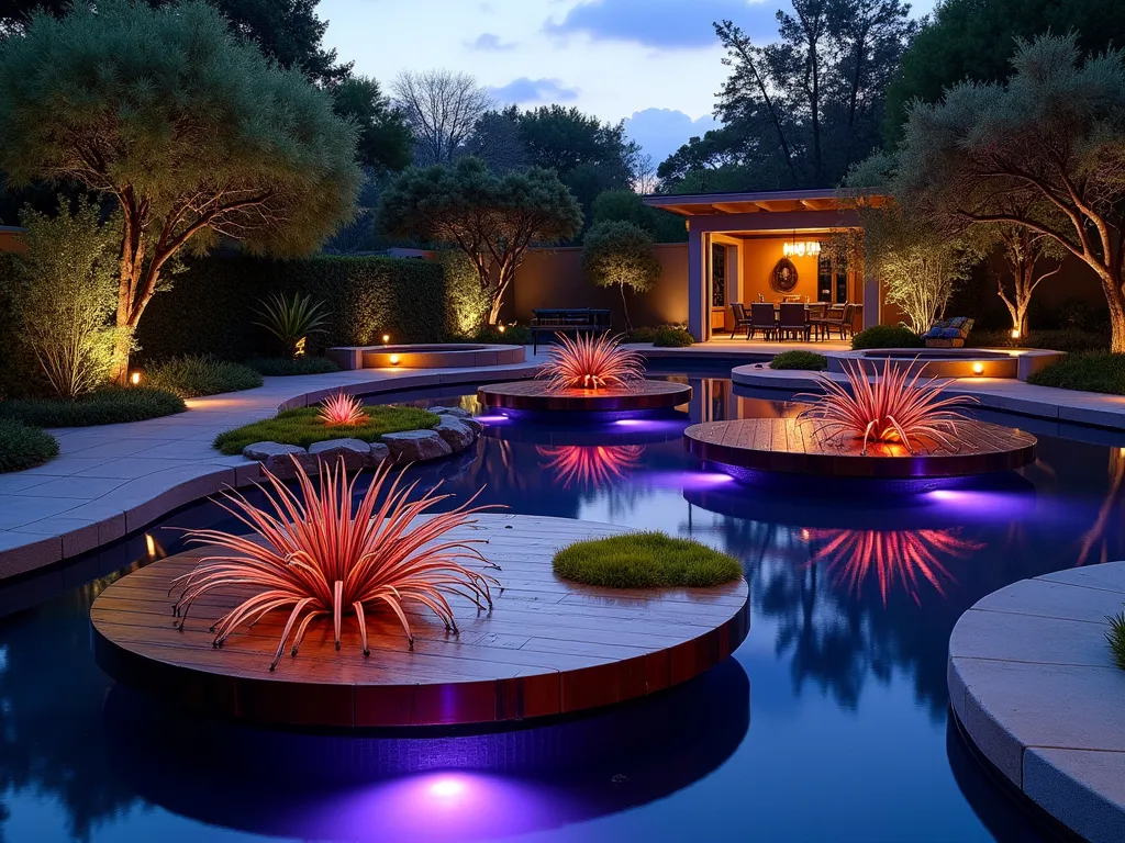 Bromeliad Floating Garden Paradise - Stunning twilight photograph of a modern backyard water feature showcasing floating wooden platforms adorned with vibrant bromeliads. The circular platforms appear to hover over crystal-clear water, creating a mesmerizing tropical island effect. Tillandsia and Guzmania bromeliads in rich purples and oranges cascade over the edges of the platforms, their reflections dancing on the water's surface. Soft landscape lighting illuminates the display from below, creating an ethereal glow. Shot from a low angle with a 16-35mm lens at f/2.8, capturing the depth and dimension of the floating garden against a dusky sky, with subtle LED uplighting enhancing the magical atmosphere.