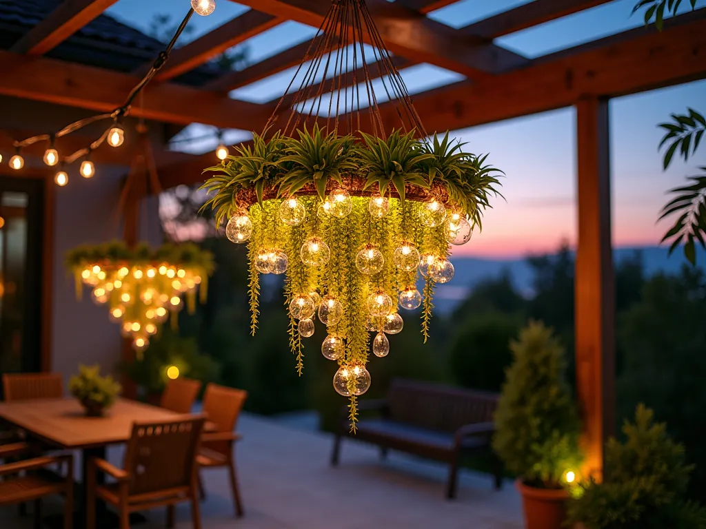 Ethereal Bromeliad Chandelier Garden Feature - A stunning twilight photograph of a circular hanging bromeliad chandelier suspended from a modern wooden pergola. Multiple tiers of delicate Tillandsia usneoides and vibrant Vriesea splendens cascade down in a symmetrical pattern, creating a living chandelier effect. The plants are arranged in transparent glass orbs and copper wire frames, with soft warm LED lights intertwined throughout. Shot from a low angle perspective with the pergola's wooden beams framing the installation. The background shows a blurred contemporary patio space with ambient lighting. Captured with shallow depth of field highlighting the intricate details of the bromeliads while maintaining the magical atmosphere of dusk.