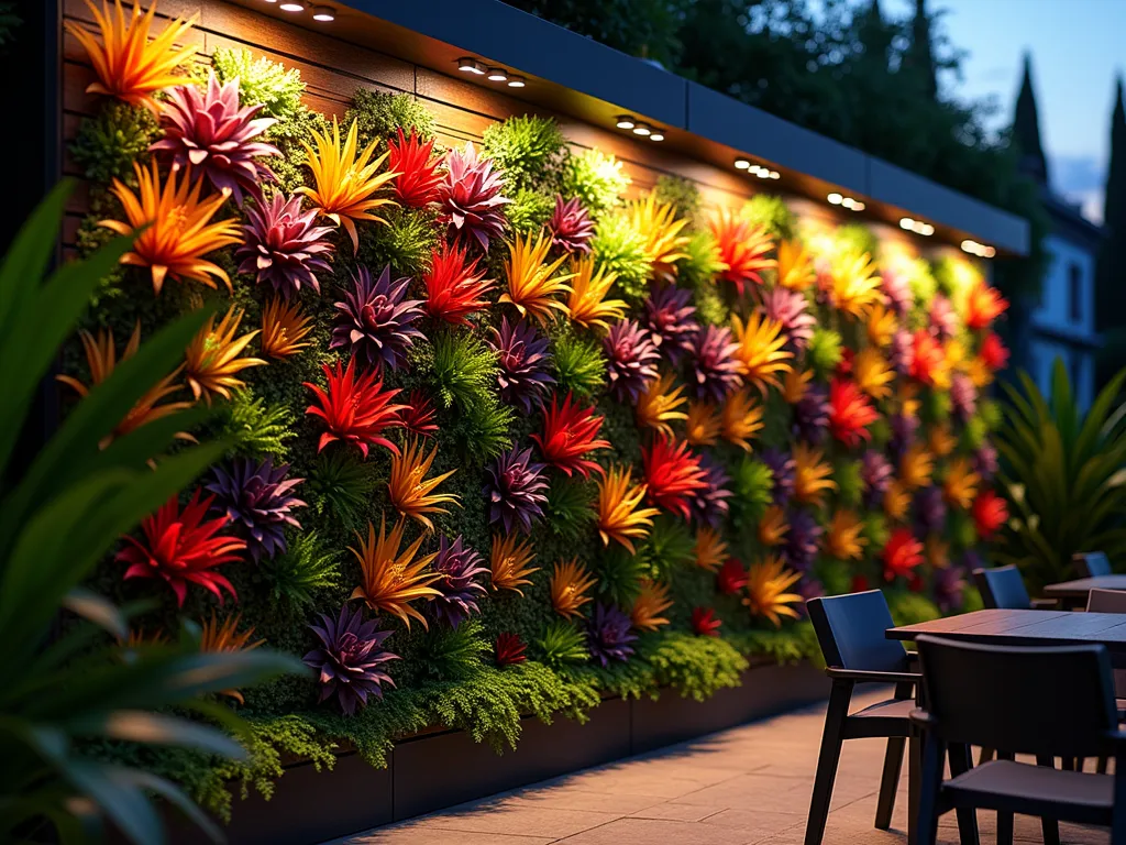 Illuminated Bromeliad Living Wall - A stunning vertical garden photographed at dusk, featuring a dramatic 8-foot living wall mounted on a dark wood moisture-resistant board. Densely packed bromeliads in vibrant oranges, deep purples, and electric reds cascade down the wall, creating a lush tropical tapestry. Neoregelia specimens showcase their colorful centers, while tall Vriesia spikes add dramatic height, and Guzmania rosettes provide bursts of bright color. Warm LED strip lighting casts dramatic shadows across the foliage, highlighting the natural water-holding cups and creating an ethereal glow that emphasizes the plants' architectural forms. The wall is photographed at a slight angle using a wide-angle lens to capture its full grandeur, with subtle bokeh effects in the background. Modern outdoor furniture silhouettes are barely visible in the foreground, while the evening lighting creates a moody, sophisticated atmosphere. Shot with a 16-35mm lens at f/2.8, ISO 400, capturing the interplay of natural dusk light and artificial illumination.