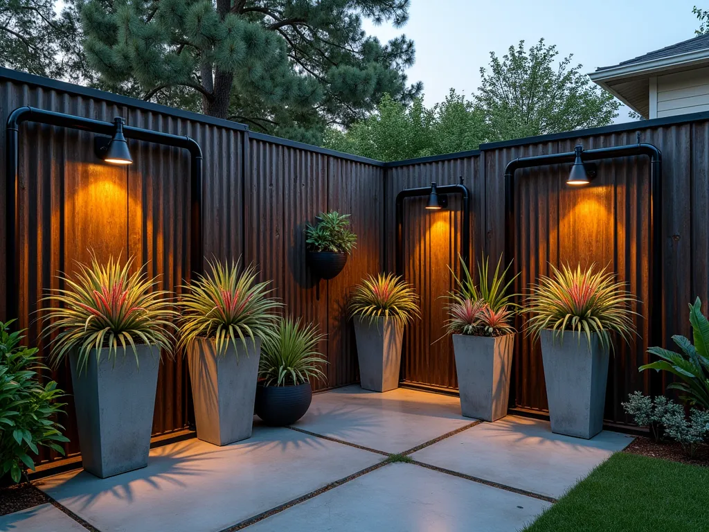 Industrial Bromeliad Garden at Dusk - A stunning modern backyard garden space at dusk, shot with a wide-angle lens, featuring geometric steel frameworks mounted with vibrant Tillandsia air plants and red-striped Vriesea bromeliads. Industrial concrete planters of varying heights display clustered bromeliads against a weathered metal wall. Warm LED strip lighting traces the metal structures, creating dramatic shadows. Polished concrete flooring reflects the ambient light, while recycled industrial pipes serve as sculptural plant holders. The composition showcases a perfect blend of organic plant life and raw industrial materials, photographed with a digital camera at 16mm, f/2.8, ISO 400, capturing the moody evening atmosphere and the subtle glow of the architectural lighting.