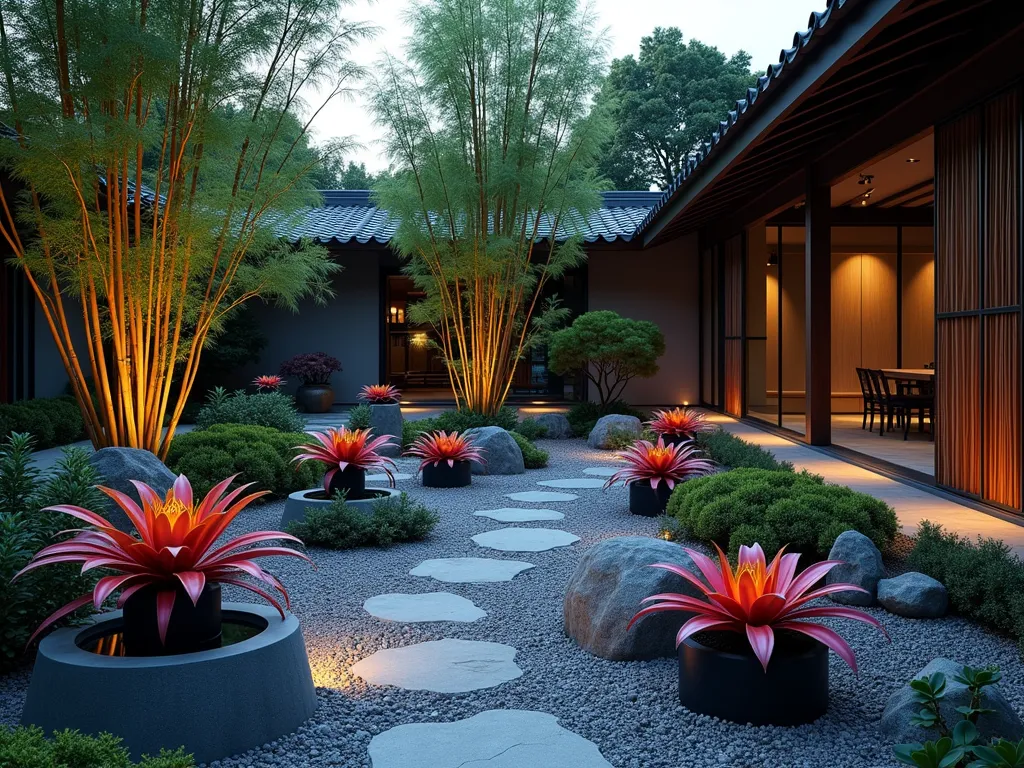 Zen Bromeliad Garden at Dusk - A serene Japanese-inspired garden at dusk featuring a carefully curated arrangement of colorful bromeliads nestled among smooth river stones and black bamboo. The garden showcases multiple tiers with elegant Guzmania and Neoregelia bromeliads in copper and deep purple hues. A traditional wooden bamboo fountain provides a focal point, while a winding gravel path leads through the space. Minimal landscape lighting casts gentle shadows, highlighting the architectural forms of the bromeliads. Clean-lined concrete planters in charcoal gray contain specimen bromeliads, creating a contemporary twist on traditional Japanese design. The wide-angle composition captures the peaceful atmosphere with soft evening light filtering through bamboo stands.