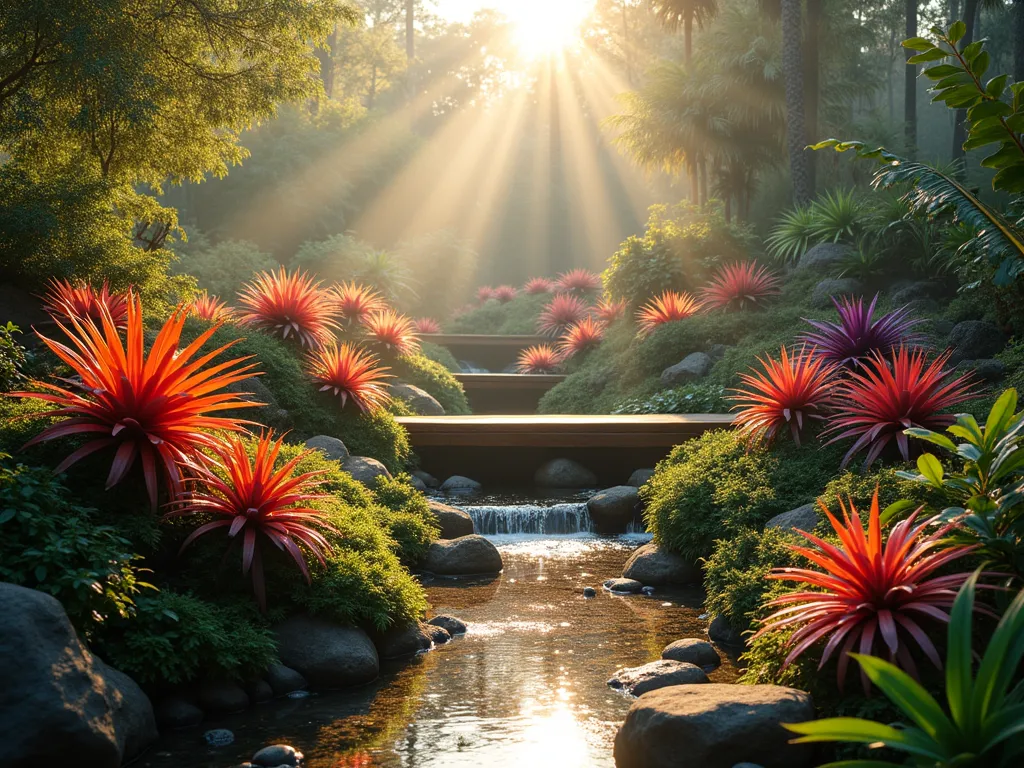 Lush Bromeliad Bog Garden at Dawn - A professionally captured DSLR wide-angle photograph of a serene bromeliad bog garden at dawn, with golden morning light filtering through. The garden features a naturalistic terraced design with raised wooden walkways over a misty water feature. Clusters of vibrant Vriesea and Guzmania bromeliads create stunning focal points, their colorful rosettes emerging from beds of moisture-loving ferns and moss. The foreground showcases Neoregelia bromeliads in varying shades of red and purple, nestled among river rocks and damp soil. Small pools of still water reflect the morning light, while delicate tendrils of steam rise from the humid environment. The composition is captured with crystal clarity at f/8, ISO 100, emphasizing the rich textures and dewdrops on the foliage. Shot at 1/125 second to perfectly balance the ambient light and shadow detail.