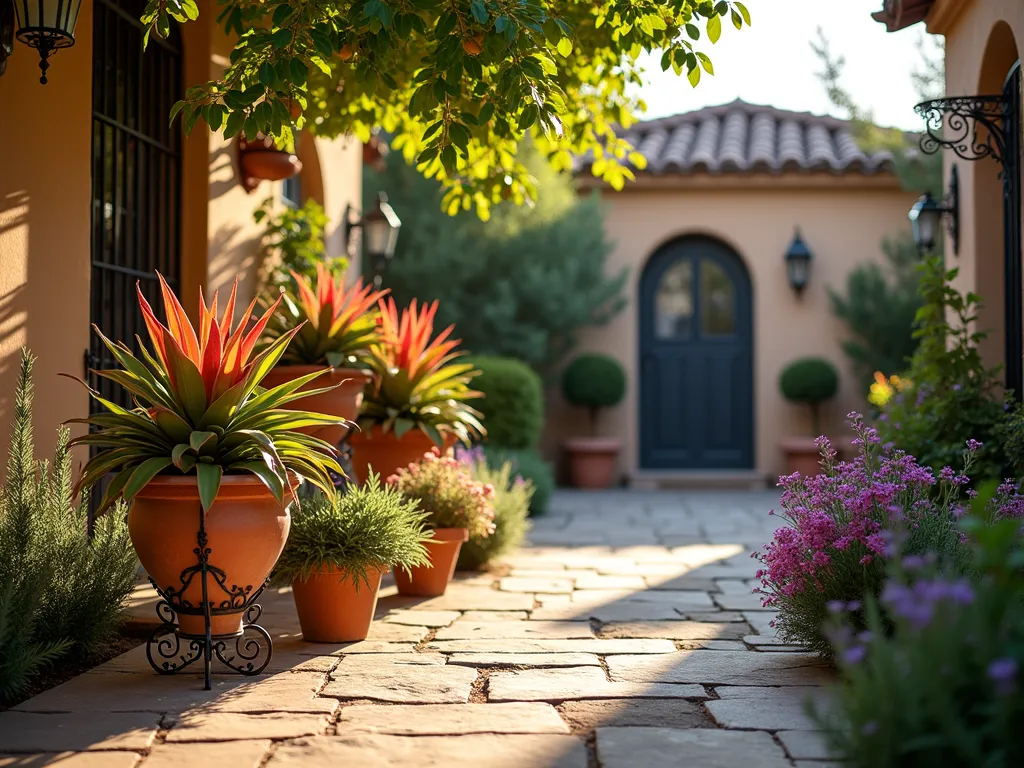 Mediterranean Bromeliad Courtyard at Sunset - A stunning Mediterranean-style courtyard garden at golden hour, photographed with a wide-angle lens at f/2.8. Elegant wrought iron plant stands hold vibrant Aechmea bromeliads in aged terracotta pots at varying heights. A mature potted citrus tree creates dappled shadows across weathered stone pavers. The foreground features clusters of Quesnelia bromeliads with their striking pink and purple blooms, while rosemary and lavender herbs line the edges. The warm evening light catches the textured stucco walls and illuminates the bromeliads' natural colors. A decorative wrought iron gate and classic Mediterranean fountain add architectural interest in the background. Shot at eye level with soft depth of field to create an immersive garden atmosphere.