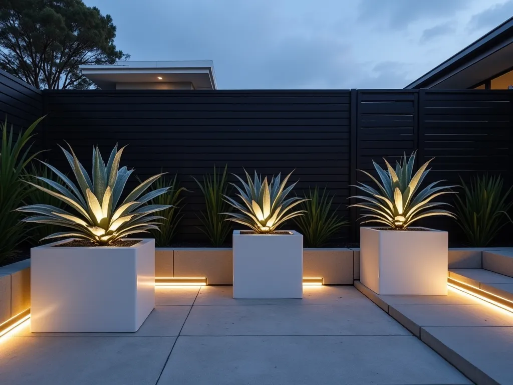 Modern Bromeliad Gallery Garden at Dusk - A sophisticated outdoor gallery space at dusk, featuring a minimalist concrete patio with carefully spaced, illuminated white cubic planters. Each planter showcases a single dramatic Alcantarea imperialis or Vriesea hieroglyphica bromeliad, their architectural forms casting dramatic shadows. Modern LED floor lighting creates an art gallery ambiance, while clean lines and negative space emphasize the sculptural quality of the specimens. Shot with a medium-wide perspective at f/2.8, capturing the interplay of natural twilight and artificial lighting on the metallic-grey and silver-green bromeliad leaves. Background features a sleek horizontal fence in dark charcoal, creating a perfect canvas for the botanical exhibition.