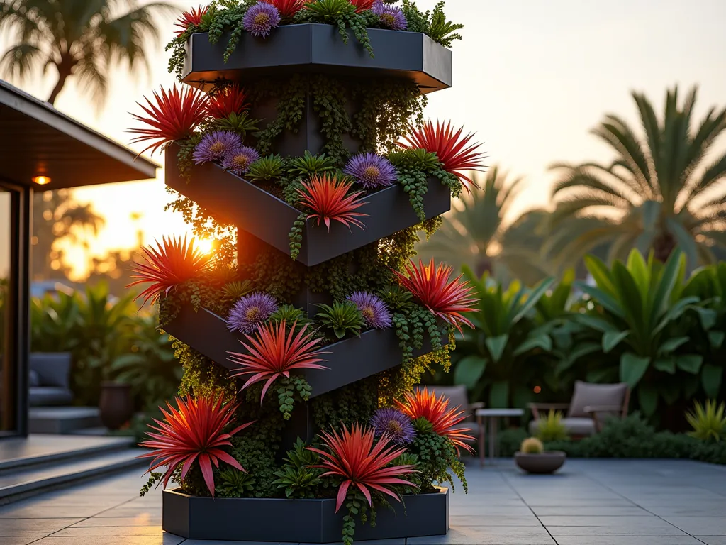 Modern Bromeliad Tower Garden at Sunset - A stunning 8-foot tall contemporary vertical garden tower photographed during golden hour, showcasing multiple tiers of vibrant bromeliads. The hexagonal structure features dark charcoal powder-coated steel frames with built-in planting pockets arranged in a spiral pattern. Various species of bromeliads in brilliant reds, purples, and oranges cascade down each level, their geometric forms creating natural artwork. Soft sunset lighting filters through the structure, casting dramatic shadows on a modern patio space. The tower is surrounded by subtle landscape lighting and backed by tropical foliage. Shot with a wide-angle lens at f/8, capturing both the architectural details and the lush plant textures in sharp focus, with golden sunlight highlighting the metallic structure and illuminating the bromeliad's colorful centers. DSLR photo emphasizing the vertical dimension and architectural elements while maintaining natural depth and ambient lighting.