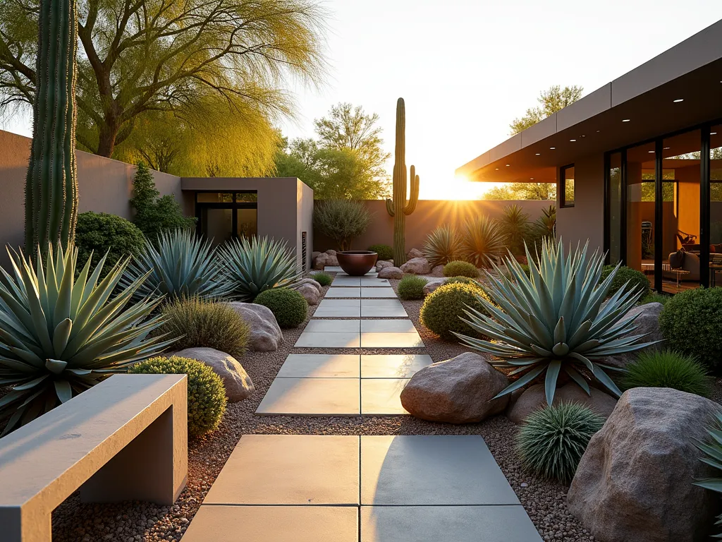 Modern Desert Bromeliad Oasis - A stunning wide-angle shot of a modern desert garden at golden hour, featuring clusters of spiky silver-green Hechtia and bronze-colored Dyckia bromeliads arranged among smooth river rocks and geometric concrete pavers. Architectural agaves and barrel cacti create dramatic focal points, while desert-adapted succulents provide ground cover. Low-voltage landscape lighting casts dramatic shadows, highlighting the sculptural forms of the bromeliads. A sleek concrete bench provides a viewing point, with a weathered copper water feature adding a subtle accent. Shot with a digital camera, 16-35mm lens at f/2.8, ISO 400, capturing the warm sunset light filtering through the spiny bromeliad leaves.