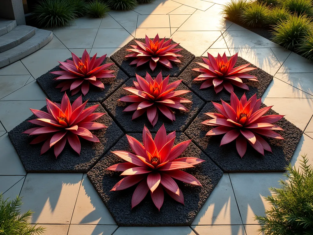 Modern Geometric Bromeliad Garden Pattern - An elegant modern garden design featuring a mesmerizing geometric pattern of bromeliads captured during golden hour. Shot from a medium-high angle, showing a perfectly symmetrical arrangement of vibrant Cryptanthus 'Earth Star' in deep burgundy and Neoregelia 'Fireball' in bright red, creating a striking hexagonal pattern against dark mulch. The bromeliads are arranged in concentric circles, with alternating colors and textures, surrounded by smooth river rocks forming clean lines between sections. Soft, warm sunlight filters through, casting gentle shadows that enhance the dimensional quality of the pattern. The geometric garden is set within a contemporary patio space, with minimalist concrete borders and subtle landscape lighting. Shot with a DSLR camera, f/8 aperture, capturing the intricate details and natural lighting with crystal clarity. 8K resolution, professional photography