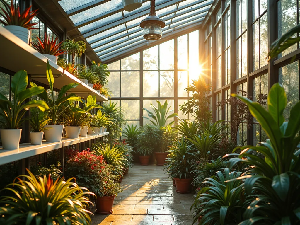 Modern Glass Bromeliad Greenhouse - A contemporary glass greenhouse photographed at golden hour, featuring a stunning collection of bromeliads arranged in vertical tiers. The wide-angle shot captures sunlight streaming through the glass panels, creating ethereal light patterns across diverse bromeliad species. Multiple climate zones are visible with mounted Tillandsia air plants, vibrant Guzmania varietals, and rare Neoregelia specimens arranged on modern white shelving. Mist systems create a tropical atmosphere, with water droplets glistening on the plants' colorful foliage. Natural wood accents and stone pathways wind through the greenhouse, while automated ventilation systems are subtly visible in the ceiling. Photographed with a DSLR camera, f/8 aperture, capturing the depth and detail of this controlled tropical paradise.