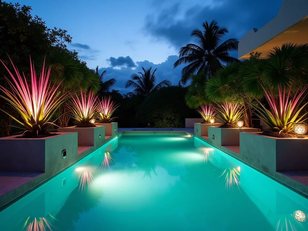 Modern Poolside Bromeliad Paradise - A twilight wide-angle shot of a modern swimming pool, captured with a 16-35mm lens at f/2.8, ISO 400. Sleek raised concrete planters line both sides of the pool, filled with lush Aechmea fasciata and Billbergia bromeliads in varying sizes. Their silvery-green rosettes and dramatic pink flower spikes create striking silhouettes against the pool's illuminated turquoise water. Subtle landscape lighting casts a warm glow on the bromeliads, while contemporary metal sconces on the planter walls provide additional ambient lighting. The scene reflects a high-end resort atmosphere with minimal hardscaping and maximum tropical impact. The water's surface mirrors the plants and lighting, creating a mesmerizing double effect in the composition.