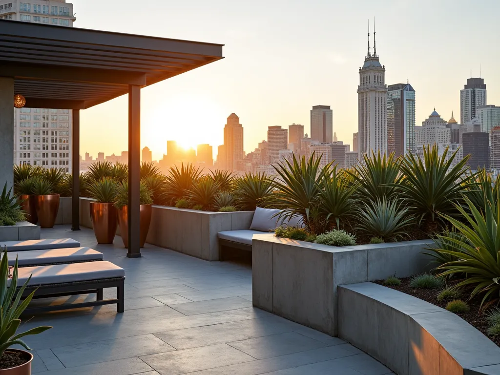 Modern Urban Rooftop Bromeliad Oasis - A stunning wide-angle shot of a contemporary rooftop garden at golden hour, featuring clusters of architectural Dyckia and Hechtia bromeliads in sleek, lightweight concrete planters. The modern space includes a minimalist pergola casting dramatic shadows, with comfortable grey outdoor loungers and built-in bench seating. The bromeliads' spiky silhouettes create dramatic patterns against the city skyline backdrop, while copper-toned containers add warmth to the design. Professional DSLR photo with perfect exposure highlighting the textural contrast between the industrial materials and the natural elements, shot at f/8 for optimal depth of field, capturing the interplay of natural light and urban architecture.