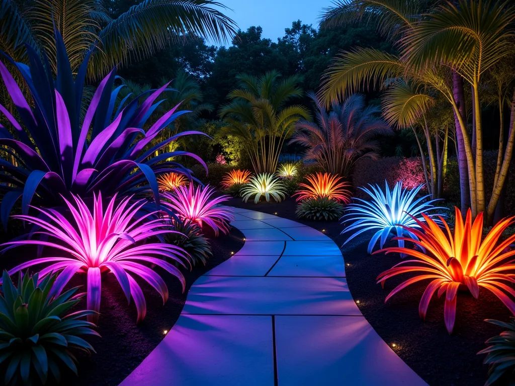 Illuminated Bromeliad Night Garden - A mesmerizing nighttime garden photograph showcasing a dramatic display of bromeliads illuminated by strategically placed LED lights. In the foreground, vibrant Neoregelia 'Fireball' and Guzmania lingulata glow in electric purple and blue uplighting, their natural colors intensified against the dark. A curved garden path leads through a collection of Vriesea and Aechmea fasciata, their architectural forms casting dramatic shadows on a modern slate patio. Cool white spotlights highlight the silvery bands of Tillandsia cyanea, while warm amber lights create depth in the background. Captured with a wide-angle lens at twilight, with subtle garden features and tropical foliage visible in the deeper layers of the scene. The photograph reveals multiple layers of illuminated bromeliads at different heights, creating a otherworldly atmosphere with the contrast between light and shadow. Shot with a professional DSLR camera at f/8, ISO 100, with a 15-second exposure to capture the full richness of the lighting design.