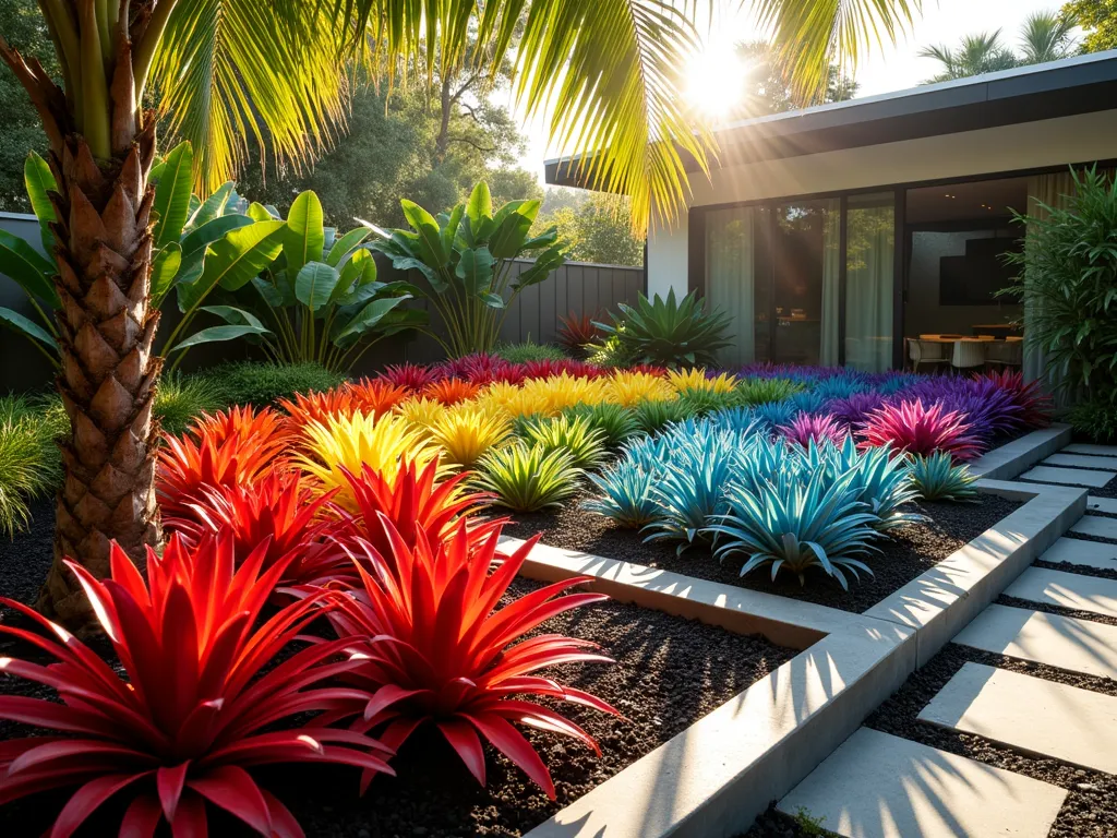 Rainbow Bromeliad Color Block Garden - A stunning wide-angle photograph of a modern tropical garden featuring meticulously arranged blocks of bromeliads creating a vibrant rainbow pattern. The garden showcases Neoregelia, Guzmania, and Vriesea varieties arranged in striking color gradients from red to purple. Golden afternoon sunlight filters through palm fronds above, casting dappled shadows across the color-blocked garden beds. The bromeliads are planted in raised geometric beds with dark mulch borders, creating clean lines that emphasize the color progression. In the foreground, rich red Neoregelia 'Fireball' transitions to orange Guzmania lingulata, then to yellow Vriesea splendens, followed by green Neoregelia 'Royal Burgundy', blue Tillandsia cyanea, and finally purple Neoregelia 'Purple Star'. Clean contemporary hardscaping frames the garden, with a sleek stone pathway winding through the colorful display. Shot with a DSLR camera, f/8 aperture, ISO 100, capturing the rich colors and architectural details of the bromeliads in perfect clarity.