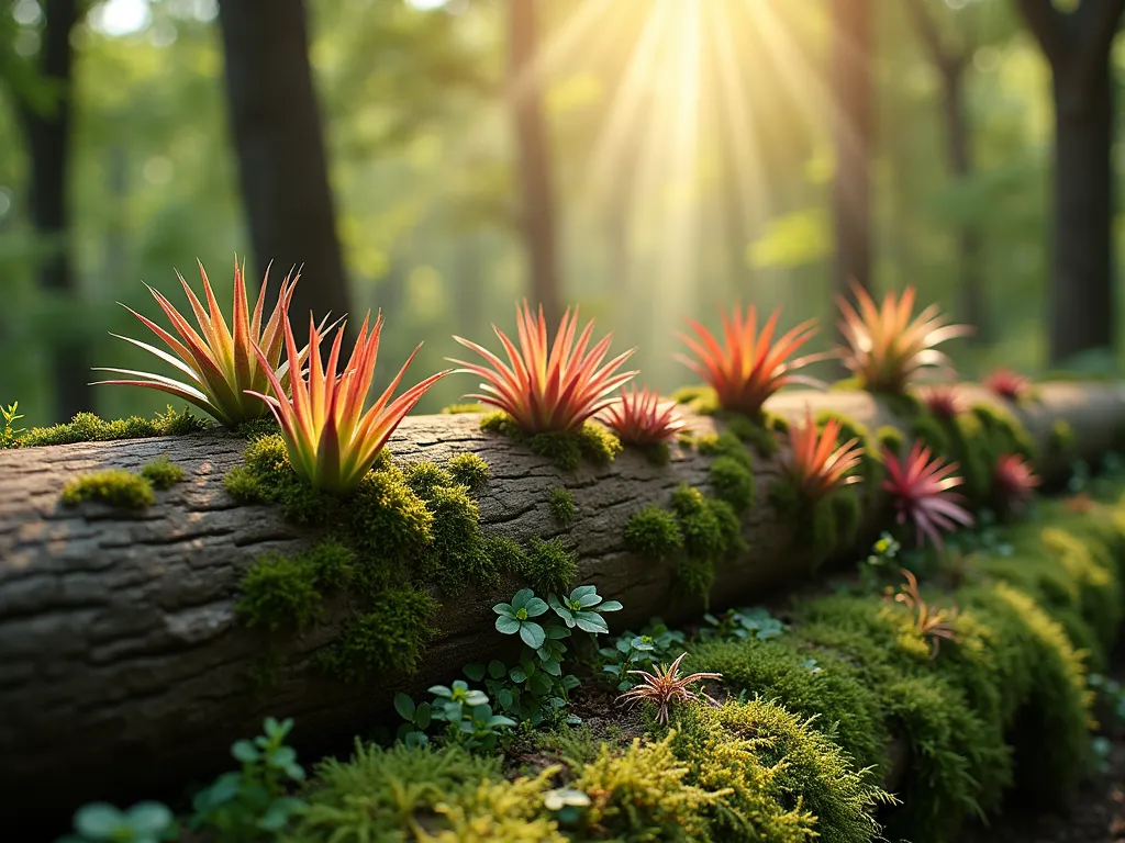 Enchanted Bromeliad Log Garden - A mesmerizing close-up photograph of a weathered oak log garden display in dappled afternoon sunlight. Multiple colorful Tillandsia and Neoregelia bromeliads naturally mounted along the length of the moss-covered log, their vibrant rosettes creating striking focal points. Delicate Boston ferns and native woodland moss cascade around the base, while shaft of golden sunlight filter through tree canopy above. Natural woodland setting with rich, earthy tones and ethereal lighting captured with professional DSLR camera, wide-angle lens at f/8, ISO 100, and 1/125 shutter speed, emphasizing the intricate textures and creating a magical forest atmosphere.