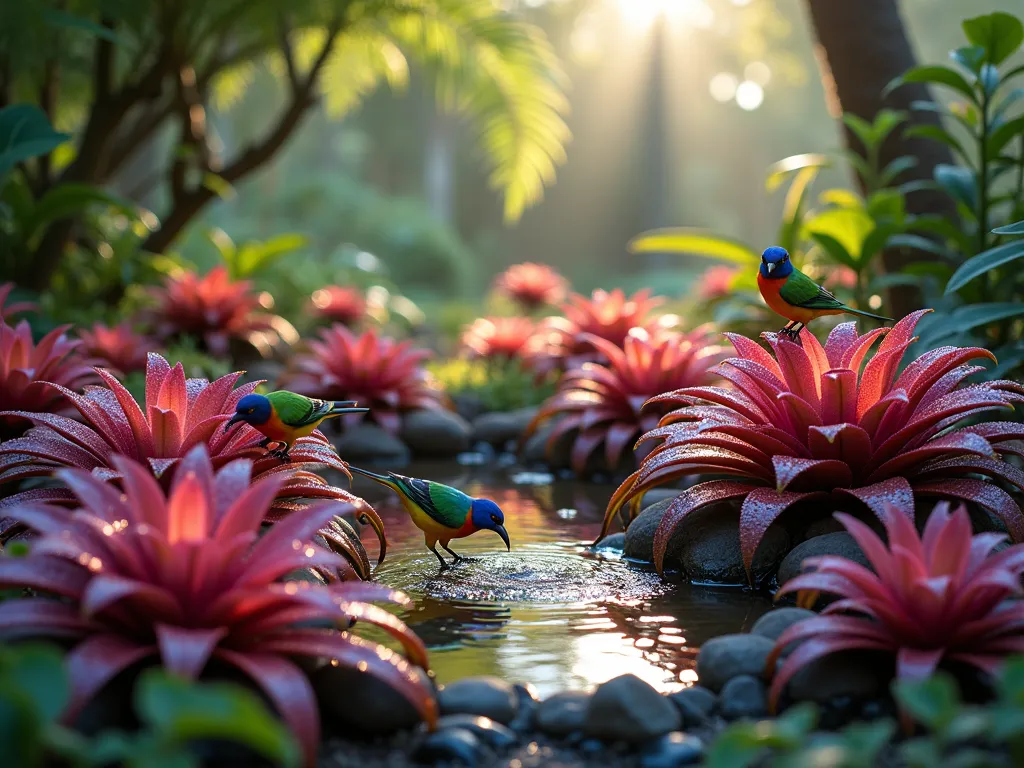 Tropical Bird-Friendly Bromeliad Sanctuary - A magical early morning garden scene featuring clusters of vibrant Neoregelia and Aechmea bromeliads arranged naturally around a small backyard water feature. Dew drops glisten on the rosette-shaped plants as first light filters through overhead tree canopy. Several colorful native birds perch on the bromeliad leaves, drinking from the natural water reservoirs formed in the plant centers. The composition includes layers of bromeliads in rich purples, reds and greens, creating a lush tropical atmosphere. Shot from a low angle to emphasize the plants' architectural forms and capture birds interacting with the garden, subtle morning mist adds atmosphere. Photorealistic, high detail, soft natural lighting.