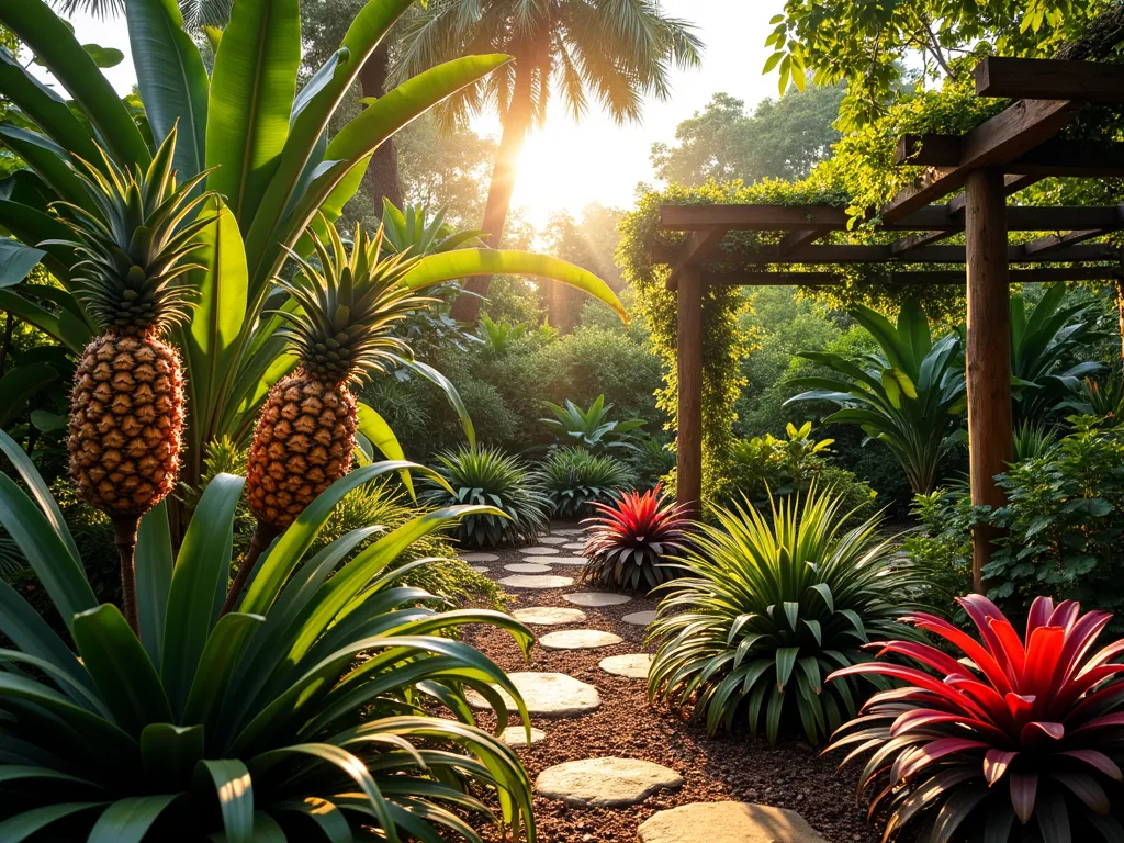 Lush Tropical Food Forest with Bromeliads - A stunning wide-angle shot of a vibrant backyard food forest at golden hour, featuring layered tropical vegetation. In the foreground, mature pineapple bromeliads with their distinctive spiky foliage and golden fruits grow beneath the dappled shade of papaya and banana trees. The garden follows permaculture principles with multiple layers, where ornamental bromeliads in brilliant reds and purples nestle between productive plants. Natural stone pathways wind through the space, while a wooden pergola draped in passion fruit vines adds vertical interest. Soft evening sunlight filters through the canopy, creating a magical atmosphere with shadows dancing on the rich, mulched soil. The scene includes strategic placement of colorful Guzmania and Neoregelia bromeliads for aesthetic appeal among the edible landscape.