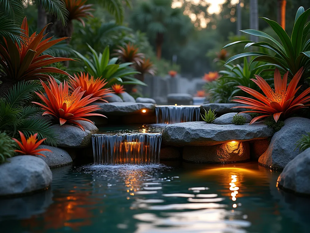 Tropical Bromeliad Water Feature Paradise - A serene twilight garden scene featuring a modern tiered stone water feature cascading into a small reflection pool, surrounded by lush Vriesea and Guzmania bromeliads in vibrant oranges and reds. The bromeliads are artfully arranged on natural rock formations around the water's edge, their rosettes catching the last golden rays of sunset. Soft landscape lighting illuminates the water feature, creating dancing reflections on the tropical foliage. Shot from a low angle with a wide-angle lens, capturing both the architectural details of the water feature and the natural canopy of bromeliad flowers above. The composition includes mist rising from the water, adding a mystical tropical atmosphere. Photorealistic, cinematic lighting, architectural photography, f/8, ISO 100, 1/125 sec