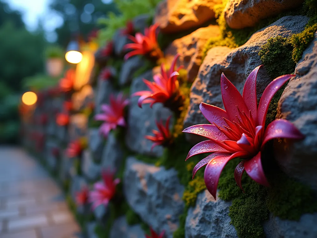 Vertical Bromeliad Rock Garden at Dusk - A stunning close-up photograph of a natural stone wall at dusk, illuminated by warm ambient lighting. Various colorful bromeliads, including vibrant red and purple Tillandsia and compact Neoregelia, emerge organically from rock crevices, creating a living tapestry effect. The wall features weathered granite and limestone in earth tones, with moss-covered sections adding texture. Shot with a 16-35mm lens at f/2.8, capturing the intricate details of the bromeliads while maintaining a dreamy bokeh effect in the background. Small water droplets glisten on the plants, while garden lights cast dramatic shadows across the textured rock surface.