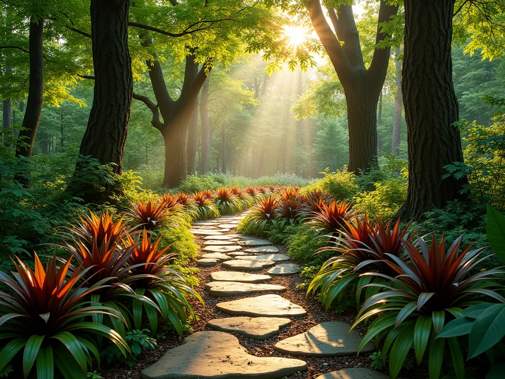 Enchanted Bromeliad Woodland Path - A serene, dappled-light woodland garden path photographed during golden hour, featuring terrestrial bromeliads (Pitcairnia and Bromelia) creating a lush groundcover beneath towering maple trees. The natural stone pathway meanders through the scene, bordered by clusters of deep green and burgundy bromeliad rosettes. Native ferns and small woodland flowers provide texture contrast, while filtered sunlight creates magical light patterns on the forest floor. Shot with a wide-angle lens at ground level, capturing the immersive perspective of walking through this enchanted garden space. Professional DSLR photography, f/8, ISO 100, 1/125s, natural lighting, photorealistic, ultra-detailed, 8K quality.