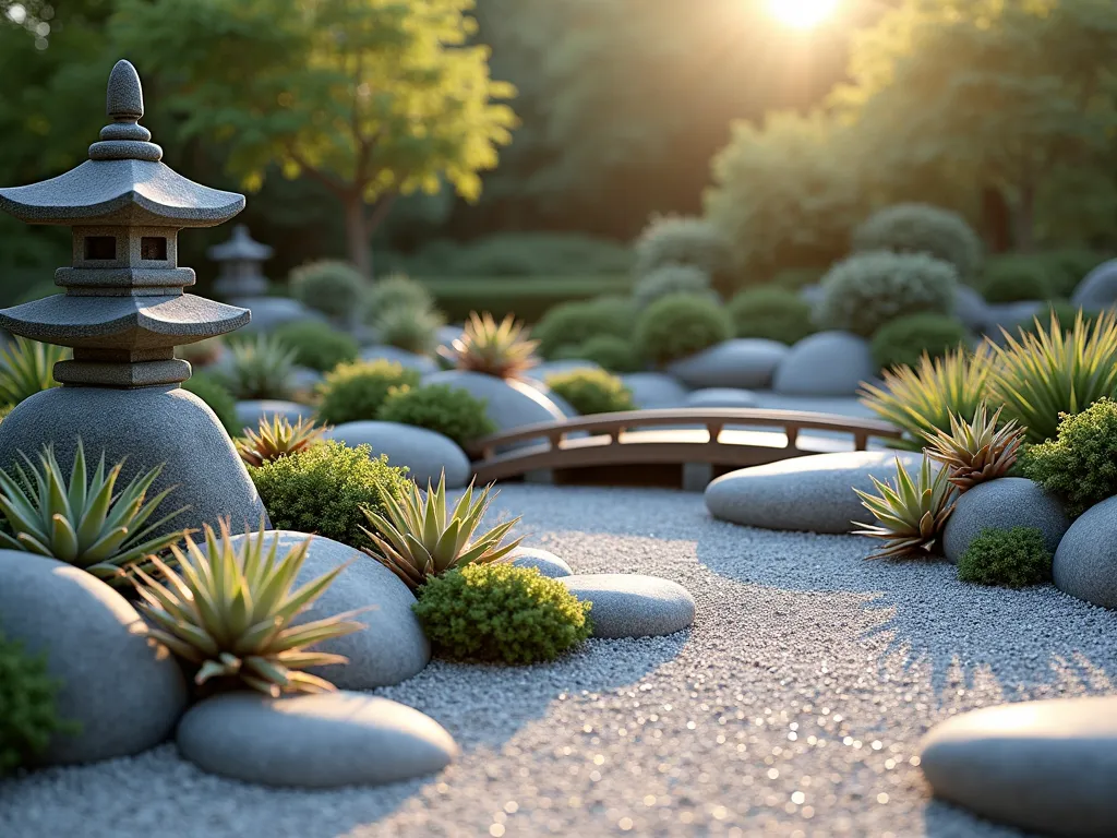 Zen Bromeliad Rock Garden - A serene Japanese-inspired garden featuring a harmonious arrangement of smooth river rocks and light gray gravel paths, accented with striking Cryptanthus and Tillandsia bromeliads. The bromeliads, with their distinctive rosette shapes and earth-toned foliage, are artfully placed between polished stones of varying sizes. Captured during golden hour, with soft sunlight filtering through, creating gentle shadows across the minimalist landscape. A small wooden bridge spans across a section of the gravel, while a traditional stone lantern provides a focal point. The wide-angle composition showcases the meditation-style garden's perfect balance between organic plant life and carefully placed stone elements, photographed with pristine clarity and professional lighting.