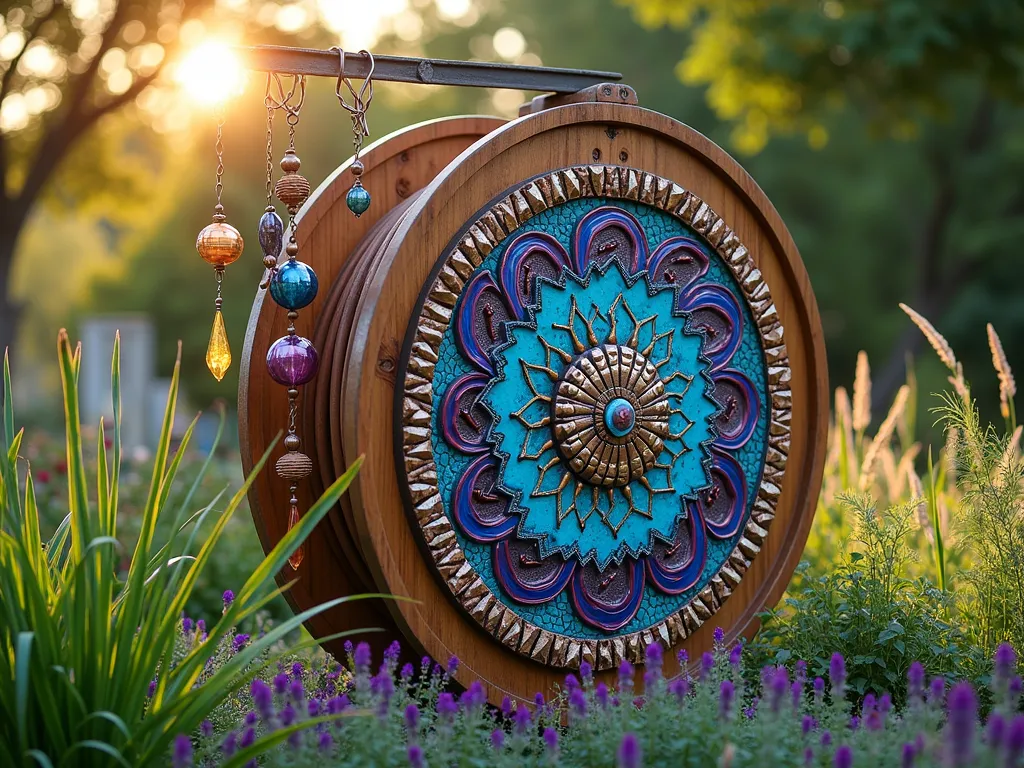 Artistic Cable Reel Garden Display - A large wooden cable reel transformed into a stunning outdoor art piece in a lush garden setting, photographed during golden hour. The reel's circular face features a vibrant hand-painted mandala design with swirling blues, purples, and metallic gold accents. Small mosaic tiles in turquoise and copper create a decorative border. Hanging from copper wires attached to the top are colorful glass sun catchers and metallic wind chimes. The reel is positioned among flowing ornamental grasses and purple salvia, creating a magical artistic focal point. Soft natural lighting highlights the artistic elements, cinematic composition, 4k, highly detailed