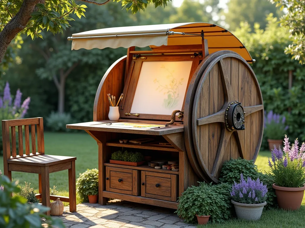 Artistic Cable Reel Garden Studio - A rustic wooden cable reel transformed into an elegant outdoor art studio in a lush garden setting, featuring a tilted adjustable drawing surface with brass hardware, weathered wood patina, organized art supply storage compartments underneath, and a retractable canvas awning for sun protection. The workspace is surrounded by climbing jasmine and potted lavender, with scattered art supplies, brushes, and a half-finished watercolor painting visible on the surface. Soft natural lighting filters through nearby trees, creating an inspiring creative atmosphere. Photorealistic, artistic composition, 4K quality.