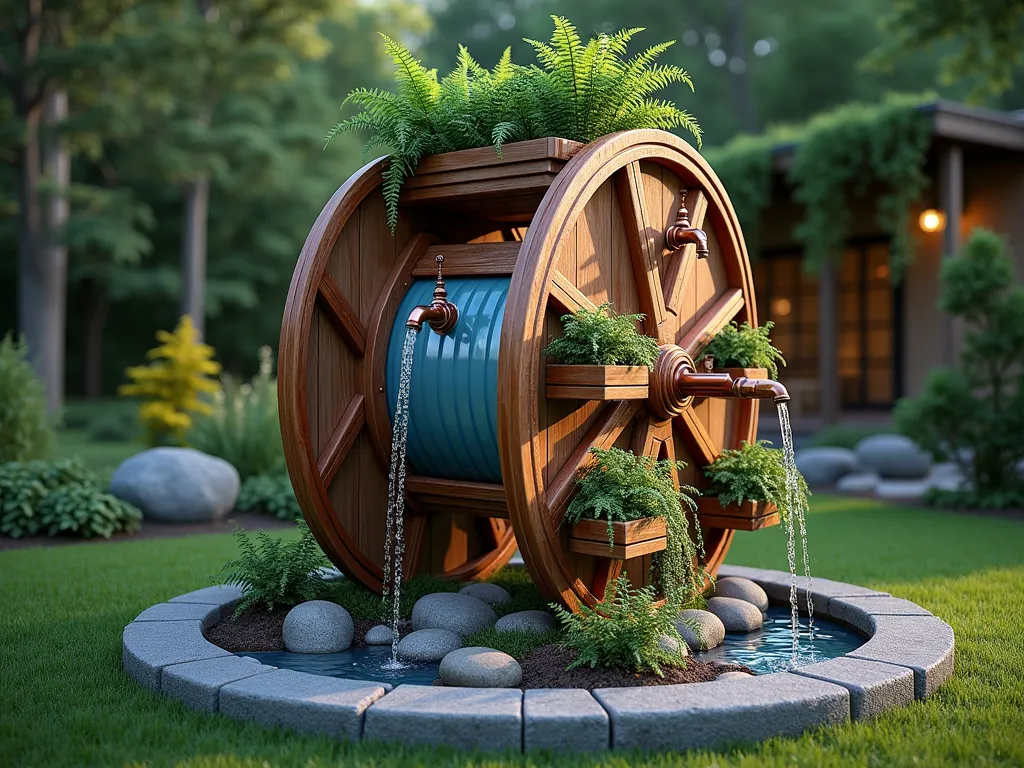 Artistic Cable Reel Rain Collection Feature - A stunning garden scene featuring a large wooden cable reel transformed into an artistic rain collection system. The reel stands vertically, with copper pipes and decorative spouts elegantly arranged around its circumference. A clear acrylic water tank is integrated within the reel's center, filled with blue-tinted water. Cascading plants like trailing ivy and ferns grow from built-in planters along the top. Rain chains connect from the spouts to small decorative collection pools at the base, surrounded by river rocks and water-loving plants. Ambient garden lighting illuminates the feature, creating a magical atmosphere with water reflections. Photorealistic, professional landscape photography style.