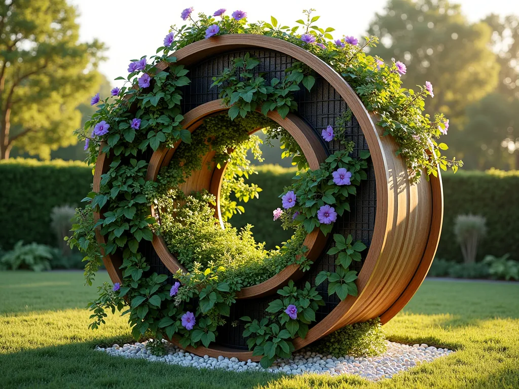 Lush Living Wall Cable Reel Frame - A stunning vertical garden created from a large wooden cable reel standing upright in a garden setting, shot during golden hour. The reel's circular frame has been fitted with a black metal mesh grid between its ends, completely covered in cascading plants. Vibrant climbing jasmine, purple clematis, and emerald ivy interweave through the mesh, creating a lush living tapestry. Delicate tendrils and blooms spill over the wooden edges of the reel, which maintains its natural wood texture. Soft sunlight filters through the foliage, casting intricate shadows. The base is surrounded by small ornamental grasses and white pebbles, photorealistic style, high-end garden design, 4k resolution.