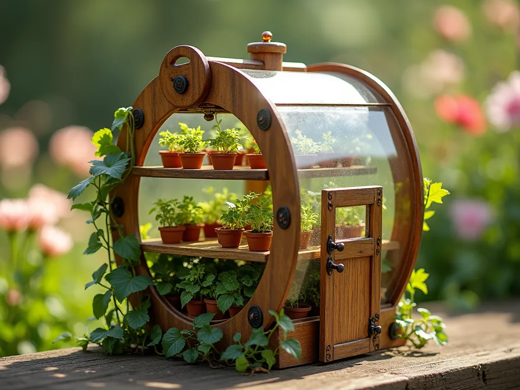 Cable Reel Mini Greenhouse - A beautifully repurposed wooden cable reel transformed into a charming miniature greenhouse in a lush garden setting. The reel's circular ends are connected by clear acrylic panels forming a cylindrical greenhouse, with ornate brass hinges and a small door for access. Inside, rows of tender seedlings and small potted plants thrive on wooden shelves. Sunlight streams through the transparent panels, creating a warm, nurturing environment. Small decorative copper ventilation holes line the top, while climbing vines gently wrap around the base. The wood has a natural, weathered patina, and the scene is set against a soft, bokeh background of blooming garden flowers.