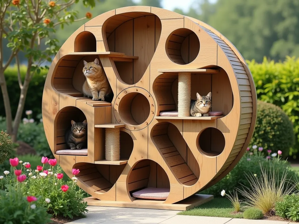 Cable Reel Pet Paradise - A whimsical outdoor pet activity center made from a large wooden cable reel, photographed in natural sunlight. The reel is transformed into a multi-level pet playground with carved tunnels, scratch posts wrapped in sisal rope, and climbing platforms. Small decorative garden plants frame the structure. The reel features natural wood tones with pet-safe finishes, integrated hiding holes, and cushioned landing areas. The scene includes climbing ramps, peek-a-boo windows, and a cozy sleeping nook. Ambient garden setting with soft bokeh effect, featuring cat-safe plants like catnip and ornamental grasses. Architectural photography style with attention to detail, 4k quality.