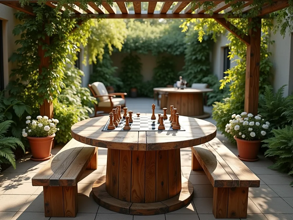 Rustic Garden Game Table from Cable Reel - A beautifully repurposed wooden cable reel transformed into an outdoor game table in a lush garden setting, shot from a 3/4 angle. The table features a professionally painted chess board pattern in weathered black and cream colors on its surface, with comfortable rustic wooden benches on either side. Chess pieces carved from natural wood are arranged mid-game on the board. The table's natural wood grain is enhanced with a warm cedar stain, while decorative potted ferns and climbing jasmine create a cozy garden atmosphere around the gaming area. Soft afternoon sunlight filters through overhead pergola slats, creating gentle shadows across the gaming surface. Hyperrealistic, detailed texture, architectural photography style.