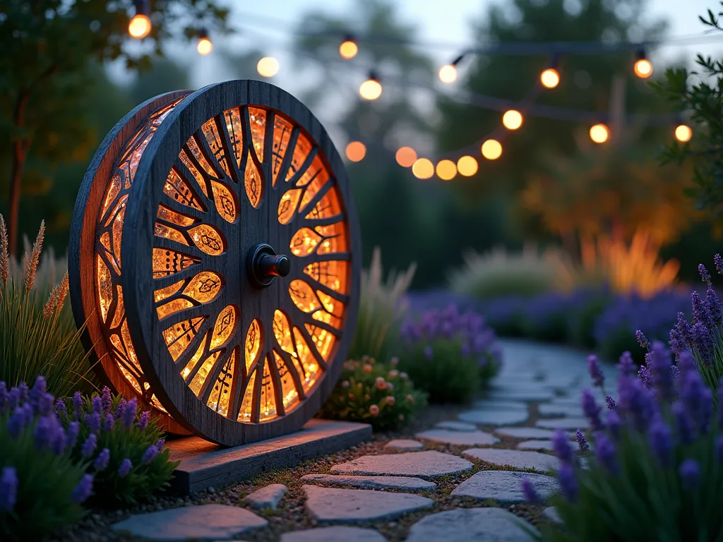 Illuminated Garden Cable Reel Light Feature - A stunning garden scene at dusk featuring a large vertical wooden cable reel transformed into an artistic light feature. The reel has intricate mandala patterns cut into its sides, with warm LED lights glowing from within, casting mesmerizing shadows on the surrounding garden path. The wooden reel is weathered to a natural gray patina, standing 6 feet tall. Translucent acrylic panels in amber tones fill some of the cut-out sections, creating a magical lantern effect. Ornamental grasses and lavender sway gently around its base, while string lights drape overhead in the background. Soft bokeh effect enhances the dreamy nighttime atmosphere. Photorealistic, cinematic lighting, architectural detail.