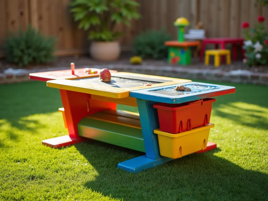 Colorful Kids' Cable Reel Play Station - A vibrant outdoor scene featuring a repurposed wooden cable reel transformed into a children's play table, painted in cheerful rainbow colors. The table surface is divided into sections with a built-in chalkboard area, a shallow water play basin in the center, and colorful storage bins integrated around the base. Soft afternoon sunlight illuminates the scene, with blurred garden elements in the background. The table is surrounded by soft, child-safe artificial grass, with some playful chalk drawings visible on the chalkboard surface. The overall composition is warm and inviting, photographed from a 3/4 angle to showcase all features, hyperrealistic style with attention to texture and detail.