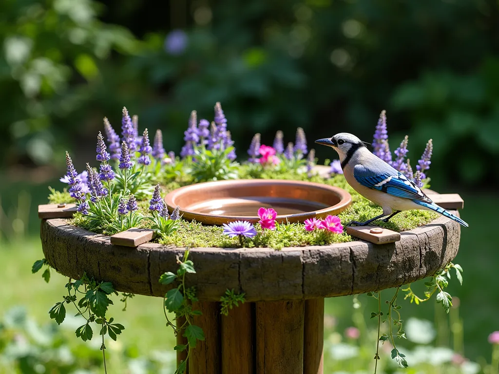 Rustic Cable Reel Bird Bath Garden Feature - A beautifully upcycled wooden cable reel transformed into an enchanting bird bath, photographed in natural sunlight. The center features a shallow copper basin filled with clear water. Around the basin, a ring of colorful flowering plants including lavender, purple salvia, and native wildflowers create a lush garden border. Small wooden perches extend from the reel's edges, where a blue jay is perched. The wooden reel maintains its natural texture but is weather-sealed, with moss and trailing ivy growing naturally along its sides. The scene is captured from a slight elevated angle, showing the complete circular design with dappled sunlight filtering through nearby trees.