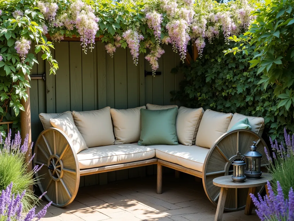 Rustic Cable Reel Garden Bench - A cozy garden seating area featuring a vertically halved wooden cable reel transformed into a curved bench, adorned with plush beige and sage green outdoor cushions and weathered wood backrest. The bench is nestled against a backdrop of blooming cottage garden flowers, with trailing wisteria above and lavender bushes at its base. Soft afternoon sunlight filters through nearby foliage, creating a warm, inviting atmosphere. The wooden reel maintains its natural texture but is weatherproofed, showing a perfect blend of industrial upcycling and garden charm. A vintage lantern and small side table made from a cable reel section complete the intimate seating arrangement.