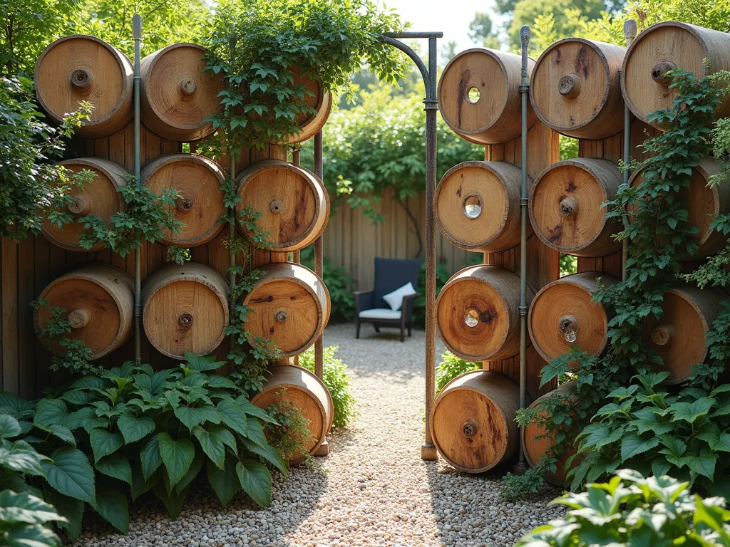 Rustic Cable Reel Garden Room Divider - A stunning garden room divider made from reclaimed wooden cable reels arranged vertically, creating an artistic screen. The reels are connected with weathered metal rods, featuring cascading ivy, potted ferns, and climbing jasmine growing through the circular openings. Natural sunlight filters through the gaps, casting intricate shadows on a pebbled garden path. The background shows a cozy seating area separated from a zen garden, maintaining an airy, open-space feel. The wooden reels maintain their natural texture with a slight weathered patina, photorealistic style.