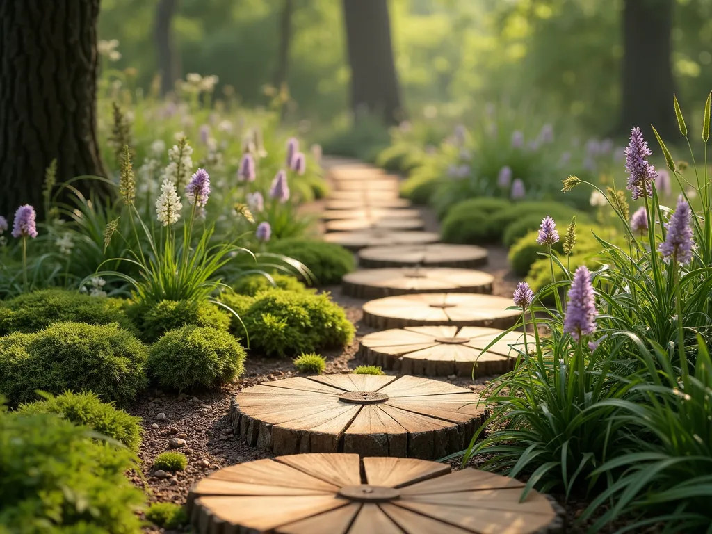 Rustic Cable Reel Garden Path - A winding garden path made from circular wooden cable reel sections arranged in a natural, flowing pattern. The sliced wooden rounds are weathered to a warm honey color and embedded in lush green moss and small groundcover plants. Soft afternoon sunlight filters through overhanging trees, creating dappled shadows on the path. Small purple and white wildflowers peek between the wooden rounds, while decorative grasses line the edges. The wooden rounds are arranged in an artistic, stepping-stone pattern with varying sizes, creating an enchanting woodland walkway. Photorealistic, depth of field, high detail.