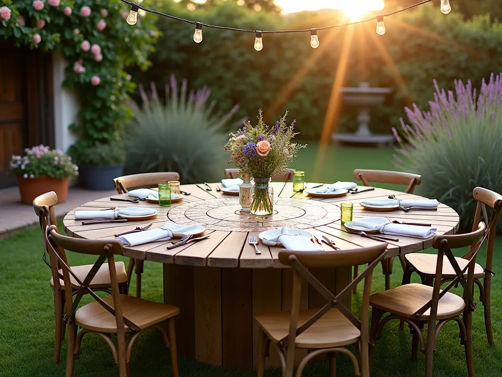 Rustic Cable Reel Garden Dining Table - A stunning outdoor garden scene featuring a large upcycled wooden cable reel transformed into a rustic dining table, photographed during golden hour. The circular table has been beautifully restored with a smooth, weathered wood finish and features an intricate mosaic tile design in earthy tones at its center. The table is surrounded by mismatched vintage wooden chairs and decorated with a casual table setting including white linen napkins and wildflowers in mason jars. String lights hang overhead, and the background shows a lush garden with climbing roses and potted lavender. The scene captures a cozy, intimate garden dining atmosphere with soft, natural lighting.