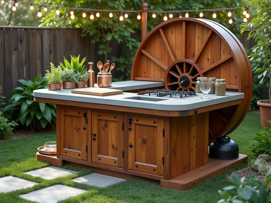 Rustic Cable Reel Outdoor Kitchen Counter - A beautifully repurposed large wooden cable reel transformed into an elegant outdoor kitchen counter, photographed in a lush garden setting. The circular reel features a polished concrete top surface, with built-in storage compartments beneath. The counter includes a neat prep area with a wooden cutting board, integrated herb planter, and space for a portable gas stove. Styled with copper cooking utensils, mason jars of kitchen herbs, and ambient outdoor lighting. Natural wood grain texture visible, finished with weather-resistant coating. Background shows string lights and potted plants, creating a cozy outdoor entertaining atmosphere.