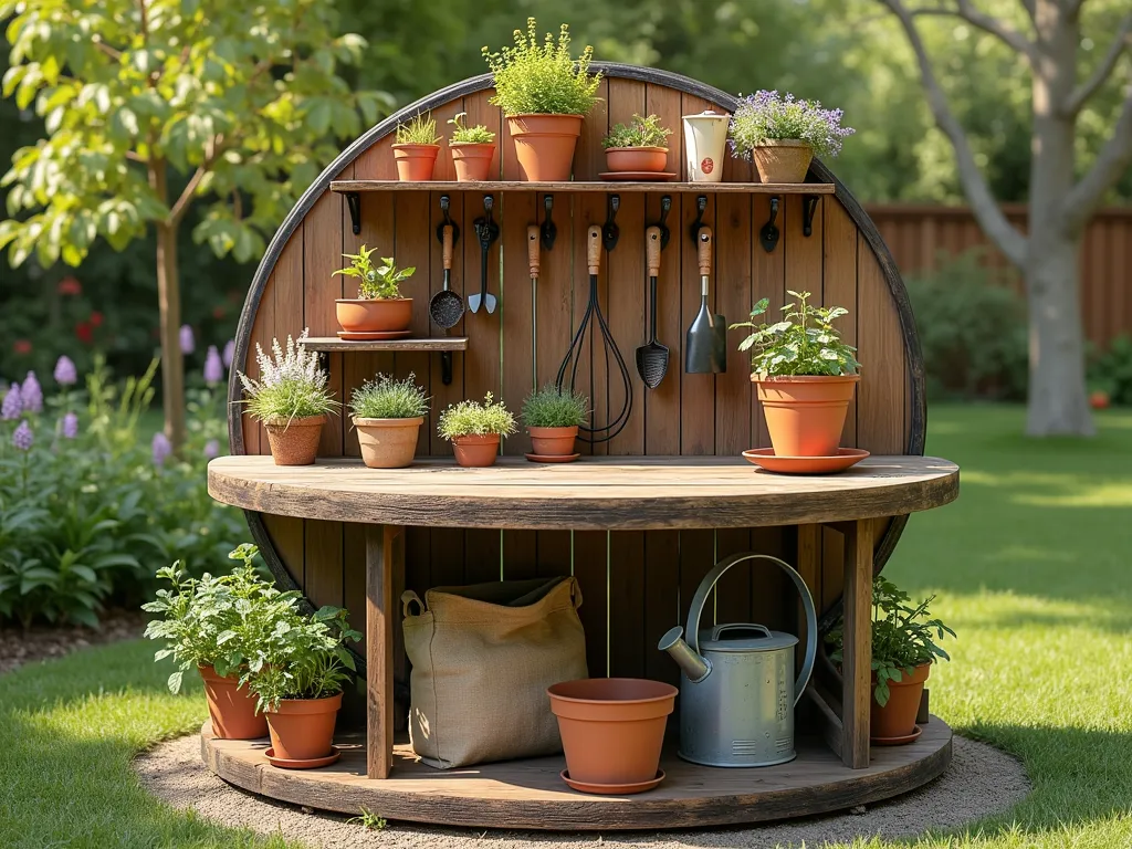 Rustic Cable Reel Potting Station - A repurposed wooden cable reel transformed into an elegant garden potting station in a sun-dappled garden setting. The large circular wooden surface features organized sections of terracotta pots, seed packets, and gardening tools. The lower tier holds bags of potting soil and larger containers. Vintage-style metal hooks line the edges, displaying hanging garden tools like trowels, pruners, and watering cans. Natural wood texture with weathered patina, decorated with small potted herbs. Soft afternoon lighting, hyperrealistic photography style, with shallow depth of field.