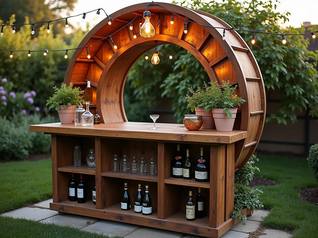 Rustic Garden Bar Station from Upcycled Cable Reel - A beautifully transformed large wooden cable reel into an elegant outdoor bar station, photographed in a lush garden setting during golden hour. The circular wooden top is expertly finished with polished mahogany stain, featuring built-in glass holders and a central ice bucket. The lower section showcases rustic wooden shelving storing wine bottles and cocktail glasses, with copper accents. String lights are draped overhead, casting a warm glow. Potted herbs like mint and rosemary decorate the bar top, while climbing jasmine adorns the background. The scene is styled with vintage bar accessories and mason jar candle holders, creating an inviting garden entertainment space.