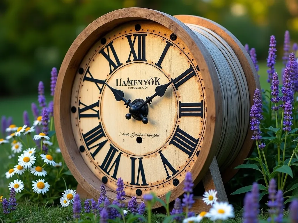 Rustic Garden Clock Feature - A large wooden cable reel transformed into a charming garden clock, vintage-style clock face with ornate black Roman numerals against weathered wood, surrounded by climbing roses and lavender. Golden evening sunlight casting shadows across the clock face. Rustic metal clock hands. The cable reel stands vertically in a cottage garden setting with purple salvia and white daisies blooming at its base. Soft bokeh effect in background with green foliage.