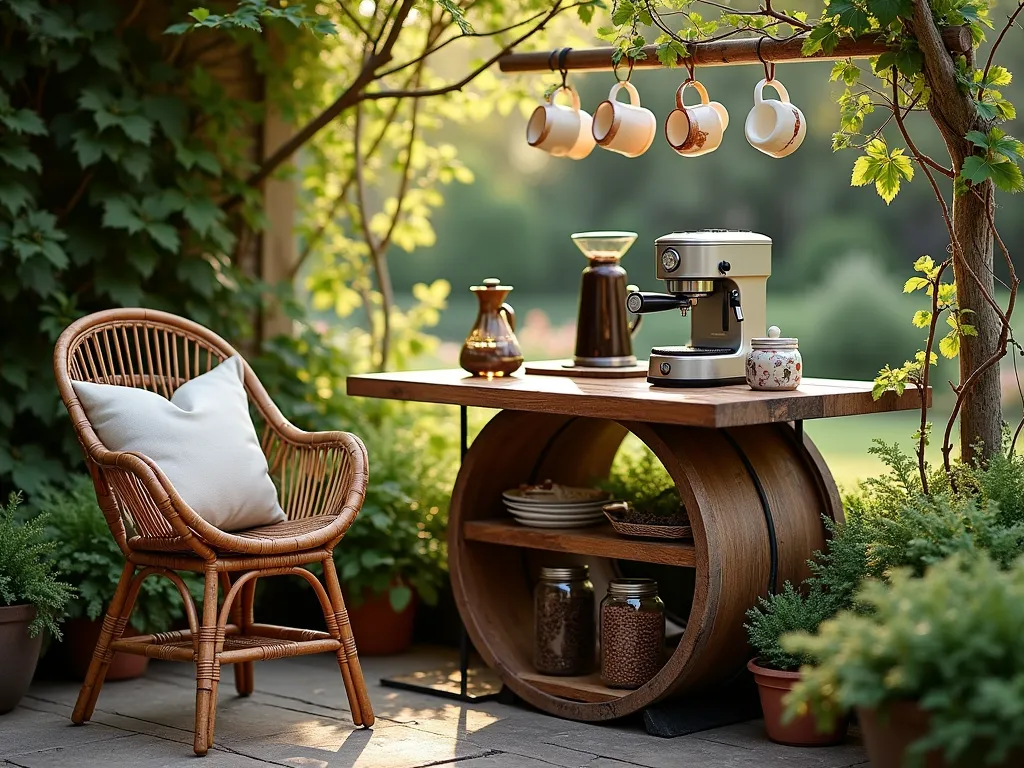 Rustic Garden Coffee Station - A cozy outdoor coffee station made from a weathered wooden cable reel, set against a lush garden backdrop. The cable reel is transformed into a circular table with a polished wooden top surface, adorned with a vintage coffee maker and ceramic mugs hanging from rustic metal hooks. Morning sunlight filters through nearby foliage, casting dappled shadows on the scene. The lower shelf holds mason jars of coffee beans and supplies. A comfortable rattan chair sits beside it, with climbing jasmine vines and potted ferns creating an intimate garden atmosphere. Photorealistic style with warm morning lighting.