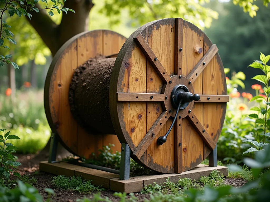 Rustic Rotating Cable Reel Composter - A repurposed wooden cable reel mounted horizontally in a garden setting, transformed into an elegant rotating composter. The large circular reel is divided into three equal sections with sturdy wooden dividers, featuring small ventilation holes throughout. The natural wood texture is weathered to a warm honey tone. The composter is mounted on a custom metal frame with handles for easy turning. One section shows fresh garden waste, another partial decomposition, and the third rich, dark compost. Surrounded by lush garden plants and dappled sunlight filtering through leaves. Artistic composition with shallow depth of field, photographed in natural morning light.