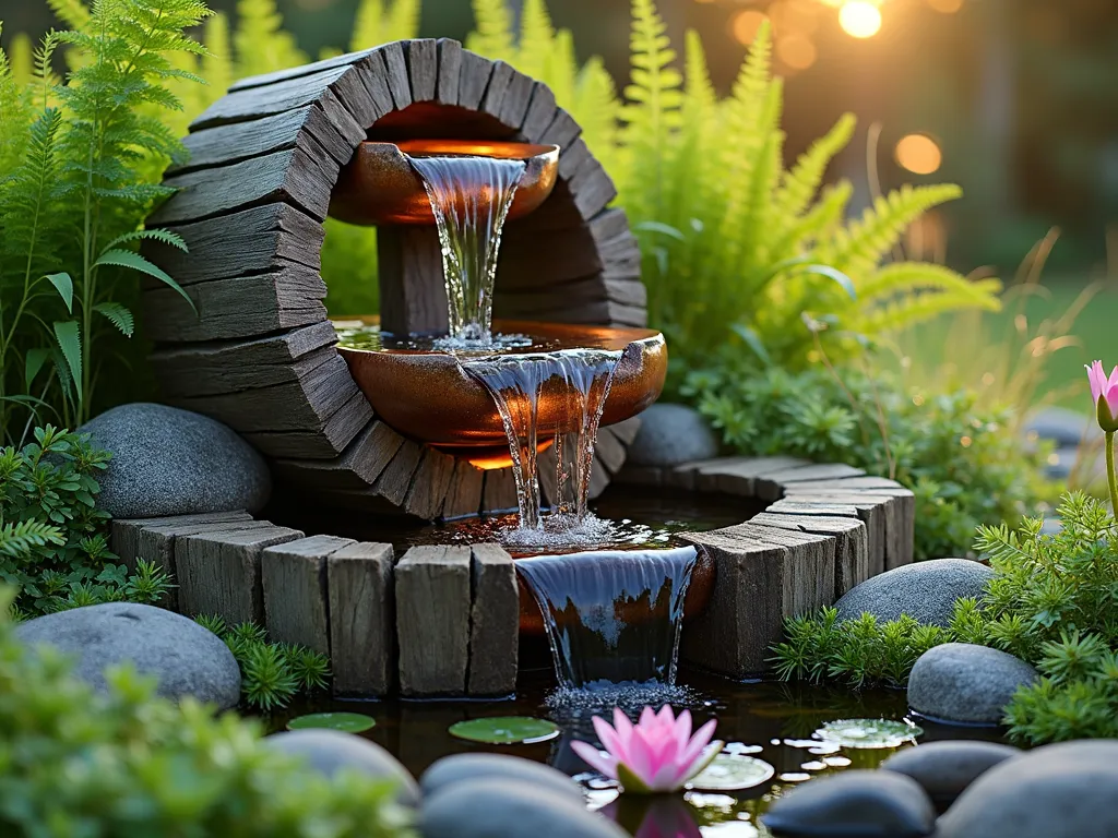 Multi-Tiered Cable Reel Water Feature - A stunning garden water feature made from a rustic wooden cable spool, photographed during golden hour. Multiple tiers cascade water from level to level, creating a peaceful waterfall effect. The wooden spool is weathered to a natural gray, with water flowing over copper-colored metal inserts. Surrounded by lush ferns, ornamental grasses, and natural stone boulders. Japanese forest grass and creeping jenny spill over the edges, while small water lilies float in the bottom pool. Soft lighting highlights the falling water, creating a magical atmosphere. Photorealistic, high-end landscape photography style.