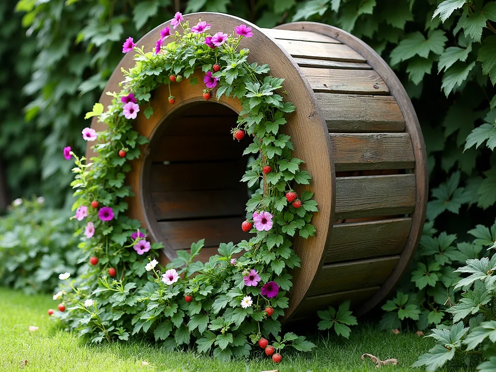 Vertical Cable Reel Cascading Garden - A large wooden cable reel standing vertically against a garden wall, transformed into a stunning circular cascading planter. Multiple tiered platforms spiral within its circumference, each overflowing with vibrant trailing plants. Delicate pink and purple petunias, bright green strawberry plants with red fruits, and cascading ivy create a living waterfall effect. The weathered wood texture of the reel contrasts beautifully with the lush greenery. Soft natural lighting highlights the dimensional layers of plants, creating depth and shadow. Professional garden photography style, f/5.6, dramatic composition.